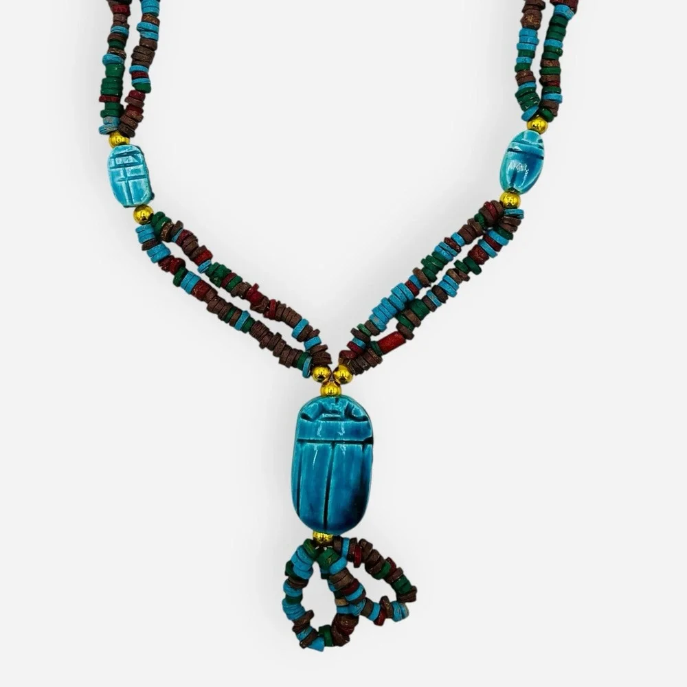 Vintage Egyptian Revival Scarab Necklace Carved Beetle Turquoise‎ Faience Magnet